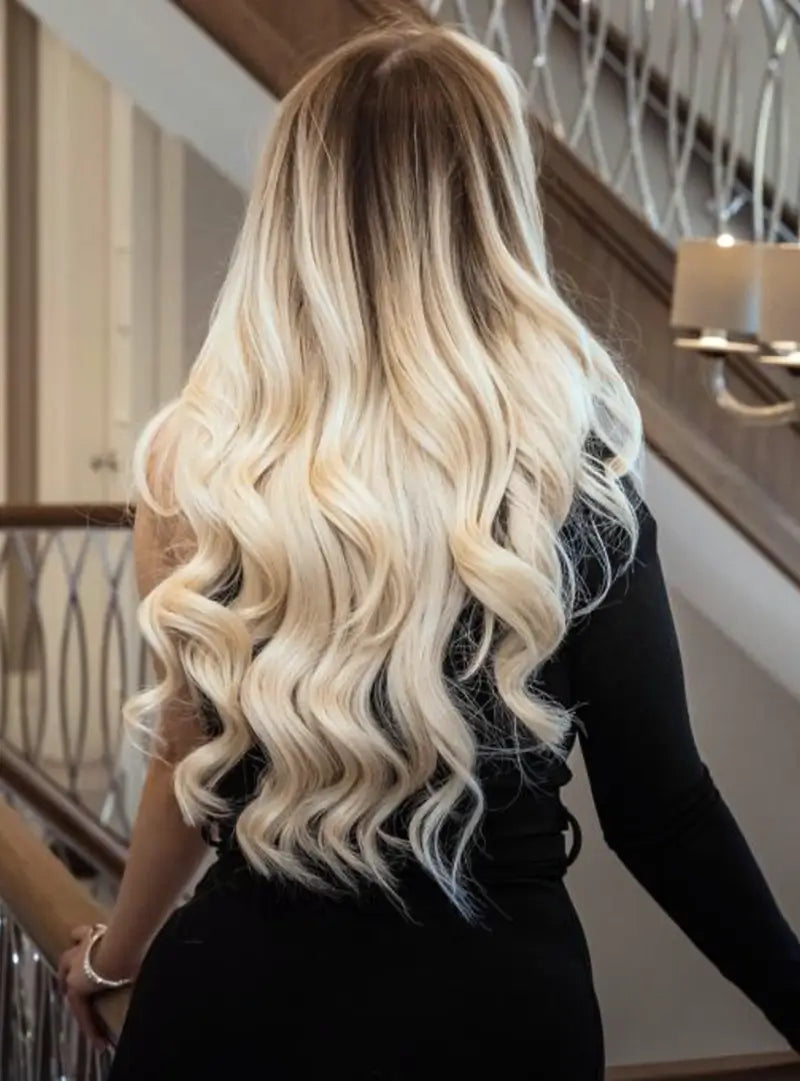 Long blonde ombre hair with voluminous curls showcasing G-Dolls hair extensions in elegant home setting