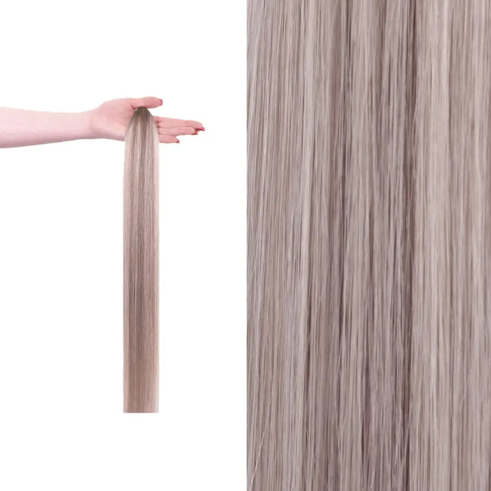 Premium gdollshair extension sample showcasing Frozen Latte with silky smooth texture for flawless hair transformations.
