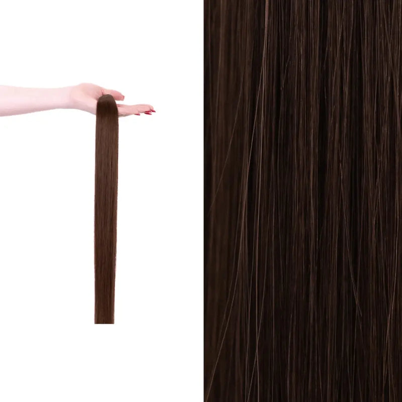 Premium gdollshair extension sample showcasing Hot Chocolate with silky smooth texture for flawless hair transformations.